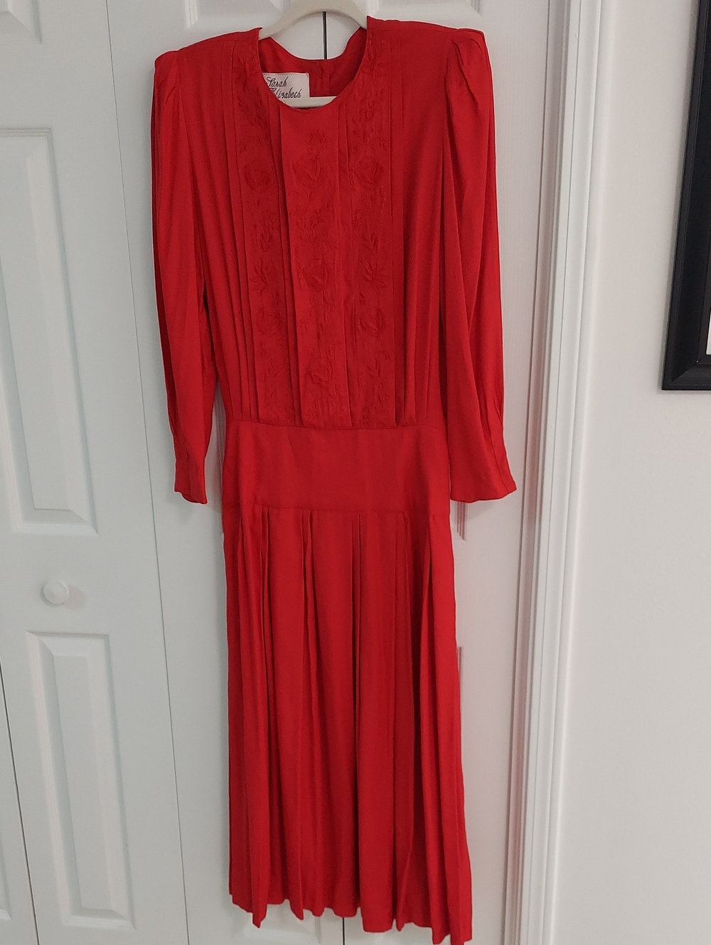 Sarah E. Vintage Dress, Size 8, Tomato Red, Pleated, Embroidered
